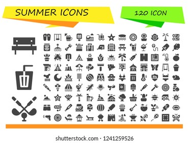 Vector icons pack of 120 filled summer icons. Simple modern icons about  - Picnic, Golf, Drink, Slippers, Swing, Ice cream, Popsicle, Roller coaster, Luggage, Starfish, Surf, Mangosteen