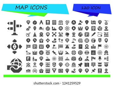 Vector icons pack of 120 filled map icons. Simple modern icons about  - Signpost, World, Destination, Placeholder, Compass, Passport, Gps, Worldwide, Globe, Navigation, Flag, Map, Cableway