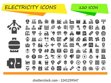Vector icons pack of 120 filled electricity icons. Simple modern icons about  - Motor, Battery, Gas, Idea, Industry, Factory, Mine, Thinking, Illumination, Nuclear plant, Technology, Hydro power