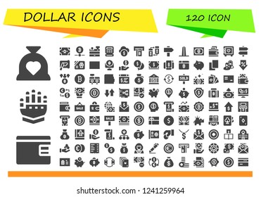 Vector icons pack of 120 filled dollar icons. Simple modern icons about  - Budget, Billfold, Gauntlet, Money, Bitcoin, Cash register, Funds, Atm, Transfer, Sign, Washington, Wallet, Strongbox