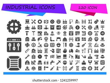 Vector icons pack of 120 filled industrial icons. Simple modern icons about  - Gear, Boxes, Settings, Conveyor, Tools, Worker, Speedometer, Walkie talkie, Saw, Forklift, Sewing machine