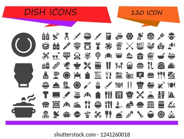 Vector icons pack of 120 filled dish icons. Simple modern icons about  - Plate, Pot, Mayonnaise, Sauces, Satellite, Fork, Brochette, Salad, Skewer, Kebab, Bowl, Fried egg, Dish, Chef, Petri dish