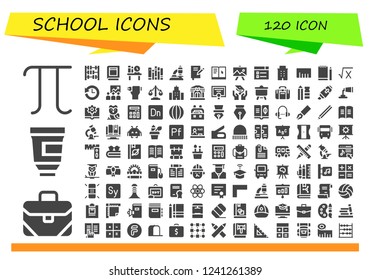 Vector icons pack of 120 filled school icons. Simple modern icons about  - Pi, Briefcase, Paint tube, Abacus, Book, Bookshelf, Books, Microscope, Learning, Drawing, Building, Ruler, Sketchbook