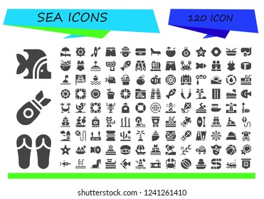 Vector icons pack of 120 filled sea icons. Simple modern icons about  - Fish, Sandals, Bomb, Sunbed, Helm, Kayak, Swim shorts, Sailor, Float, Deck chair, Coconut water, Starfish, Boat, Dive