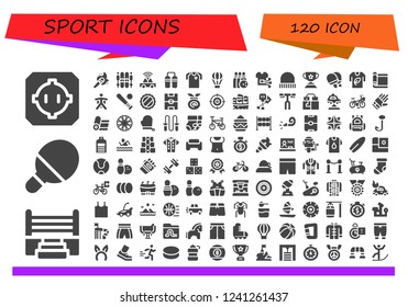 Vector icons pack of 120 filled sport icons. Simple modern icons about  - Dohyo, Boxing ring, Table tennis, Torch, Ski, Car, Nunchaku, Football jersey, Hot air balloon, Bowling, Shirt, Cap