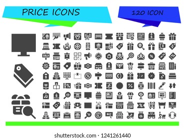 Vector icons pack of 120 filled price icons. Simple modern icons about  - Online shop, Gift, Tag, Gift card, Barcode, Promotion, Voucher, Coupon, Shop, Code, Coding, Gas, Shopping online