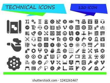 Vector icons pack of 120 filled technical icons. Simple modern icons about  - Blueprint, Gear, Pipe, Settings, Cogwheel, Pipes, Support, Setting, Customer service, Planning, Customer support
