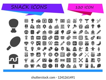 Vector icons pack of 120 filled snack icons. Simple modern icons about  - Fried chicken, Ice cream, Cotton candy, Chip, Cheese, Waffle, Apple, Lollipop, Candy, Chocolate, Sausage, Chicken leg