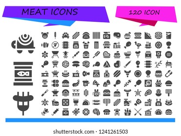 Vector icons pack of 120 filled meat icons. Simple modern icons about  - Turtle, Sausage, Canned food, Pig, Corndog, Dumpling, Hot dog, Tacos, Churros, Chop, Steak, Burger, Hamburger, Sandwich
