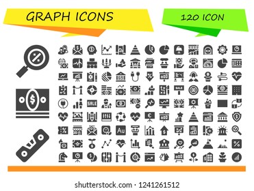 Vector icons pack of 120 filled graph icons. Simple modern icons about  - Percentage, Level, Money, Business, Line chart, Scheme, Pyramid, Chart, Graph, Keynote, Analytics, Death, Data