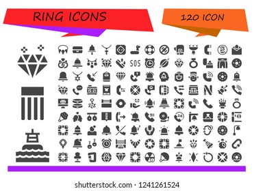 Vector icons pack of 120 filled ring icons. Simple modern icons about  - Diamond, Buoy, Float, Necklace, Bell, Jewelry, Dohyo, Rubber ring, Lifebuoy, No phone, Boxing gloves, Bouquet, Ring