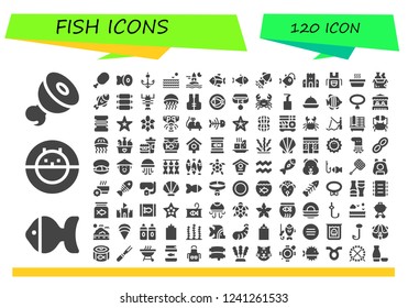 Vector icons pack of 120 filled fish icons. Simple modern icons about  - Meat, Fish, Hamster ball, Hook, Sea, Ocean, Squid, Anglerfish, Sand castle, Apron, Cat, Food, Ribs, Lobster, Medusa