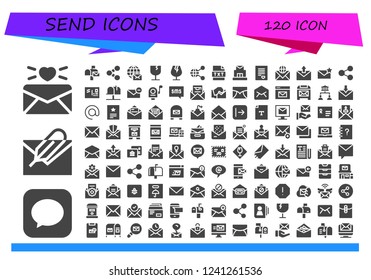 Vector icons pack of 120 filled send icons. Simple modern icons about  - Email, Message, Mailbox, Share, Mail, Fragile, Text, Post office, Love letter, Envelope, Sms, Invitation, Sharing