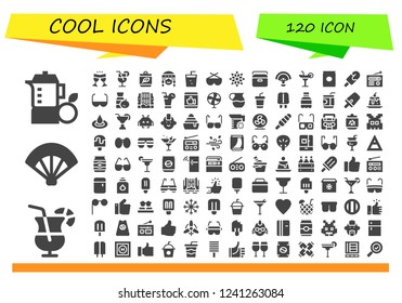 Vector icons pack of 120 filled cool icons. Simple modern icons about  - Juice, Cocktail, Fan, Glasses, Can, Soda, Sunglasses, Snowflake, Portable fridge, Popsicle, Radio, Sun glasses, Waterfall