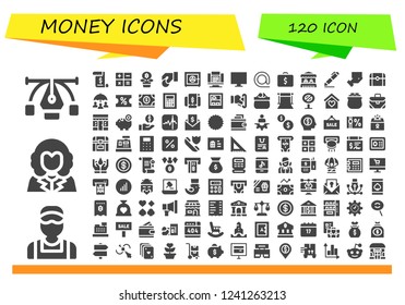 Vector icons pack of 120 filled money icons. Simple modern icons about  - Vector, Clerk, George washington, Invoice, Calculator, Growth, Coin, Safe box, Online shop, At, Briefcase, Grocery