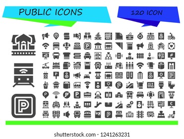 Vector icons pack of 120 filled public icons. Simple modern icons about  - Train station, Parking, Train, Speaker, Parking sign, Towel, Insert coin, Waiting room, Government, Vending machine