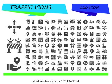 Vector icons pack of 120 filled traffic icons. Simple modern icons about  - Directions, Location pin, Barrier, Helicopter, Parking, Disabled, Bus, Siren, Train, Electric car, Traffic signal