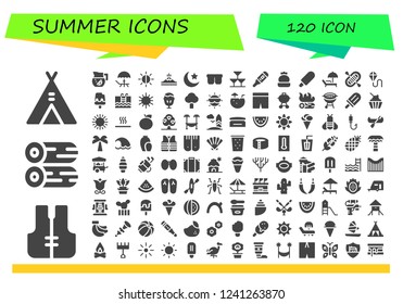 Vector icons pack of 120 filled summer icons. Simple modern icons about  - Tent, Lifejacket, Woods, Lemonade, Deck, Brightness, Mountain, Night, Sunglasses, Drinks, Thermometer, Cactus