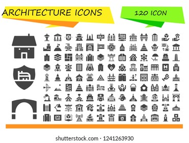 Vector icons pack of 120 filled architecture icons. Simple modern icons about  - House, Stari most, Roma, Space needle, Courthouse, Leipzig, Pagoda, Democracy monument, Sold, Blueprint