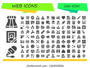 Vector icons pack of 120 filled web icons. Simple modern icons about  - Sliders, Microphone, Portrait, Mortar, Gift, Influence, Couple, Cone, Bitcoin, Carpet, Press, Like, Document, Folder