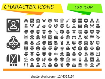 Vector icons pack of 120 filled character icons. Simple modern icons about  - Face, Ninja, Avatar, Bee, Portrait, Family, Fennec, Panda bear, Fox, Referee, Katana, Delicious, Team viewer