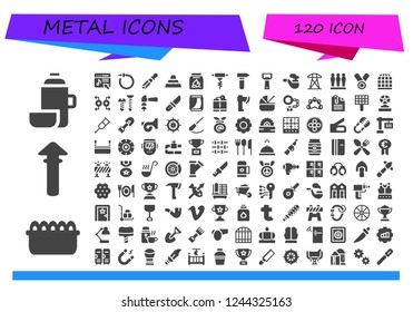 Vector icons pack of 120 filled metal icons. Simple modern icons about  - Thermo, Sand, Spear, Music store, Earrings, Chisel, Ingots, Coal, Bottle opener, Hammer, Pipe, Electric tower, Barrier