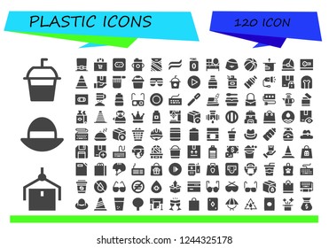Vector icons pack of 120 filled plastic icons. Simple modern icons about  - Soda, Package, Hat, Shopping bag, Socket, Feeding bottle, Bag, Toothpaste, Gel, Dressing table, Beach ball, Helmet