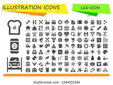 Vector icons pack of 120 filled illustration icons. Simple modern icons about  - Toast, Repairing, Smartphone, Dart, Partners, Darts, Bowling, Nut, CO cloud, Gas, Tablet, Target, Food, Architecture