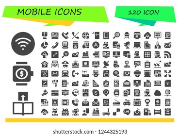 Vector icons pack of 120 filled mobile icons. Simple modern icons about  - Wifi, Transfer, Smartwatch, Oxygen mask, Laptop, Phone, No calls, Worldwide, Fridge, Seo, Baby chair, Online marketing