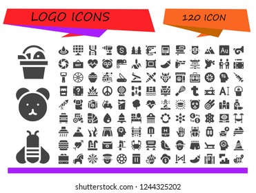 Vector icons pack of 120 filled logo icons. Simple modern icons about  - Fish, Bee, Teddy bear, Droplet, Solar panel, Dna, Drill, Skype, Castle, Revolver, Mobile, Fretsaw, Leipzig, Mountain