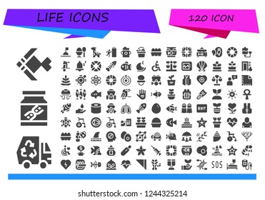 Vector icons pack of 120 filled life icons. Simple modern icons about  - Fish, Eco, Dna, Buoy, Boiled egg, Giraffe, Exit, Feeding bottle, Eggs, Aquarium, Lifesaver, Balance, Esteem, Lifebuoy
