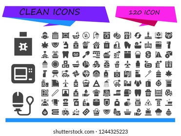Vector icons pack of 120 filled clean icons. Simple modern icons about  - Spray, Tampon, Microwave, Maid, Trash, Makeup remover, Bathtub, Ink, Shower, Laundry, Watermelon, Eco fuel, Recycle
