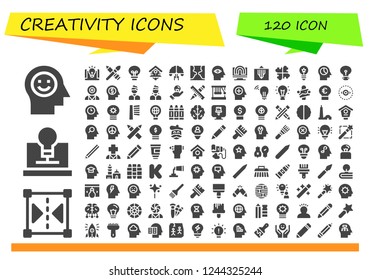 Vector icons pack of 120 filled creativity icons. Simple modern icons about  - Mind, Reflect, Creativity, Idea, Brush, Bird house, Brainstorming, Psychology, Solution, Mind control, Artist