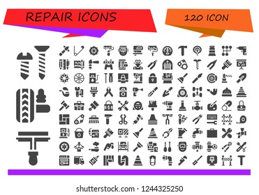 Vector icons pack of 120 filled repair icons. Simple modern icons about  - Screw, Paint roller, Suspension, Hammer, Safety pin, Wheel, Roller, Welder, Fretsaw, Dashboard, Electrode, Paint