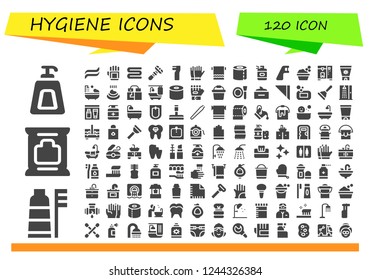 Vector icons pack of 120 filled hygiene icons. Simple modern icons about  - Soap, Toothbrush, Wipes, Toothpaste, Glove, Towel, Razor, Gloves, Toilet paper, Spray bottle, Dental floss, Washbowl