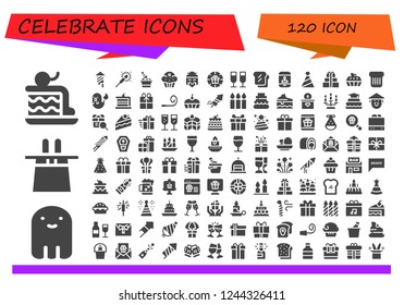 Vector icons pack of 120 filled celebrate icons. Simple modern icons about  - Cake, Ghost, Magic hat, Fireworks, Sparkler, Champagne, Muffin, Chinese, Gift, Toast, Candle, Party hat, Party blower