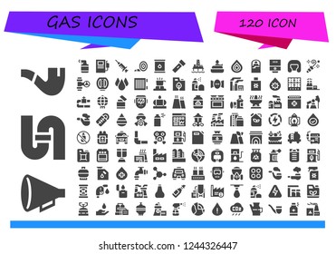 Vector icons pack of 120 filled gas icons. Simple modern icons about  - Pipe, Protest, Spray, Fuel station, Blood, Blower, Oil, Lantern, Oil pump, Burner, Drop, Sleeping bag, Water heater