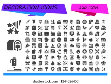 Vector icons pack of 120 filled decoration icons. Simple modern icons about  - Confetti, d, Snack cake, Firecracker, Piping bag, Painting brush, Window, Hookah, Notification, Ornament, Shield
