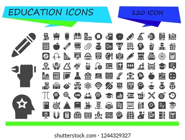 Vector icons pack of 120 filled education icons. Simple modern icons about  - Pencil, Mind, Pen, Owl, Canvas, Language, Periodic table, Bookmark, Book, Apple, Flask, Intellectual, Library