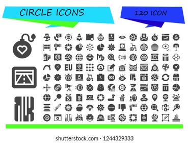 Vector icons pack of 120 filled circle icons. Simple modern icons about  - Bomb, Wood, Gps, Light, Phone call, Earth grid, Manager, Info, Stopclock, View, Basketball, Settings, Stopwatch