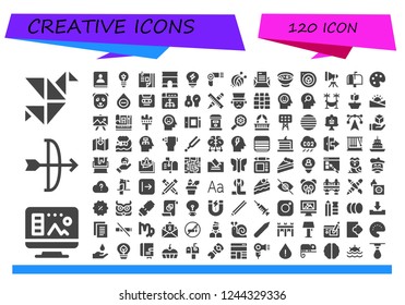 Vector icons pack of 120 filled creative icons. Simple modern icons about  - Origami, Design, Arc, Agenda, Idea, Curriculum vitae, Creativity, Hairdryer, Yarn ball, Letter, Soup, Perspective