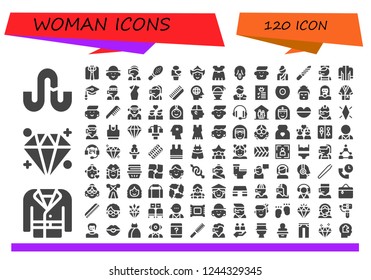 Vector icons pack of 120 filled woman icons. Simple modern icons about  - Stumbleupon, Coat, Diamond, Clothes, Avatar, Call center, Comb, Human, Woman, Dress, Scream, Nail file, Jacket