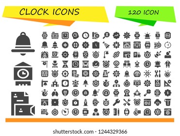 Vector icons pack of 120 filled clock icons. Simple modern icons about  - Notification, Stationery, Big ben, Wristwatch, Alarm clock, Wall clock, Time, Watch, Sketch, Sandclock, Gear, Management