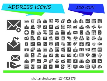 Vector icons pack of 120 filled address icons. Simple modern icons about  - Email, Mail box, Postcard, Https, Postal, Mail, Cards, Browser, Web, Post office, Website, Mailbox, Inbox, Message