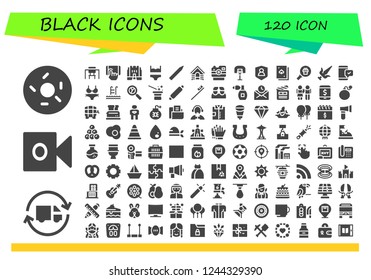 Vector icons pack of 120 filled black icons. Simple modern icons about  - Doughnut, Delivery truck, Camera, Desk, Tap, Medieval, Bikini, Pencil, Dog, Basketball, Shield, Deck, Magnifying glass