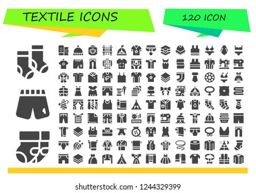 Vector icons pack of 120 filled textile icons. Simple modern icons about  - Socks, Shorts, Fabric, Beanie, Boxer, Sewing machine, Tent, Shirt, Collar, Layers, Poncho, Sleeveless, Bikini