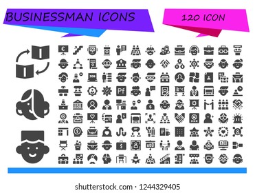 Vector icons pack of 120 filled businessman icons. Simple modern icons about  - Trade, Avatar, Presentation, Stairs, Welder, Tribune, User, Meeting, Man, Business, Case, Briefcase, Teamwork