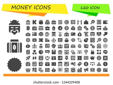 Vector icons pack of 120 filled money icons. Simple modern icons about  - Chinese, Coupon, Bitcoin, Bank, Kickstarter, Gold, Money, Case, Market, Coin, Safe box, Line, Purse, Online shop