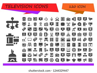 Vector icons pack of 120 filled television icons. Simple modern icons about  - Mobile, Tower, Reel, Recorder, Old tv, Smart tv, Fernsehturm berlin, News reporter, Film, Television, Handheld