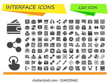 Vector icons pack of 120 filled interface icons. Simple modern icons about  - Wallet, Tap, Share, Camera, Email, Chat, Box, Conversation, Battery, Video, Filing, Search, Mailing, Data table